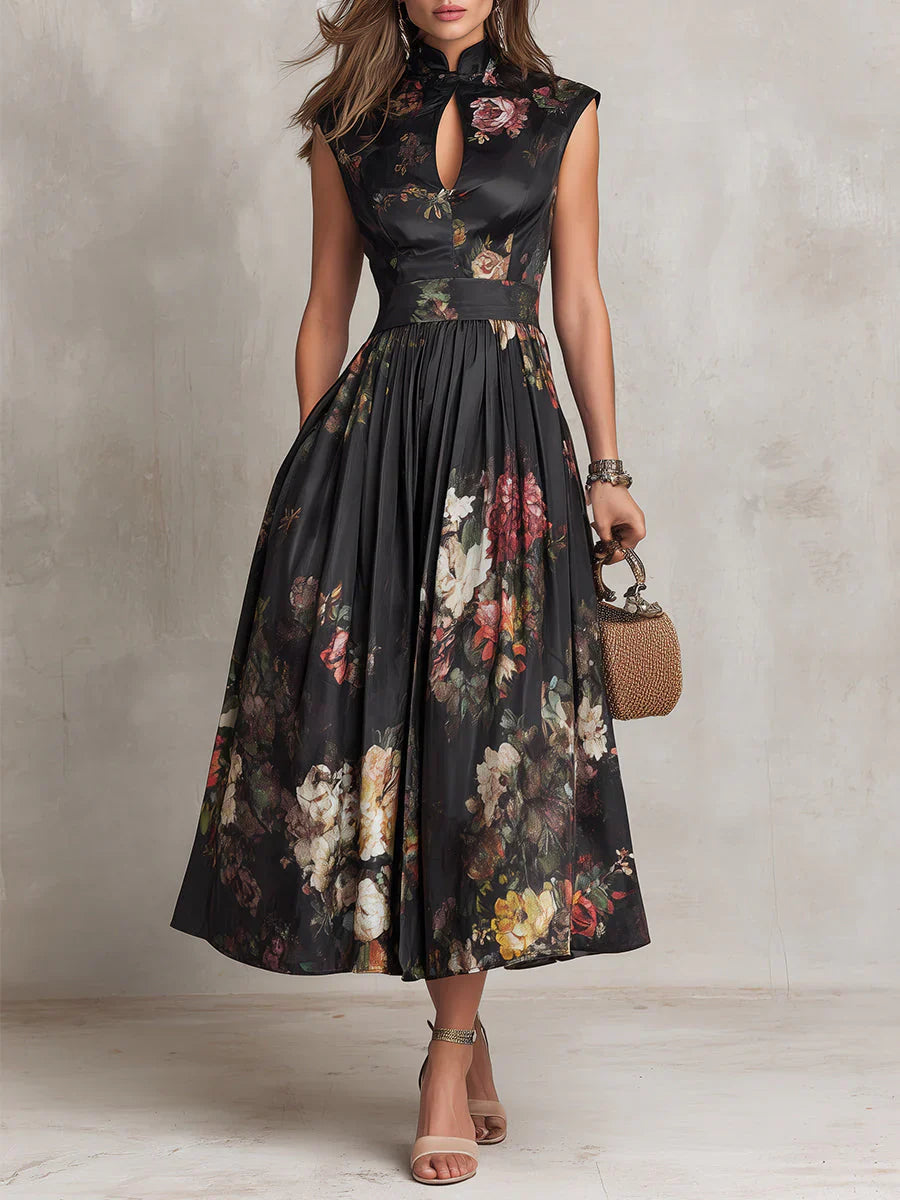 Trendé™ | Nerina Plissiertes Midi-Kleid mit Blumenmuster und hohem Kragen