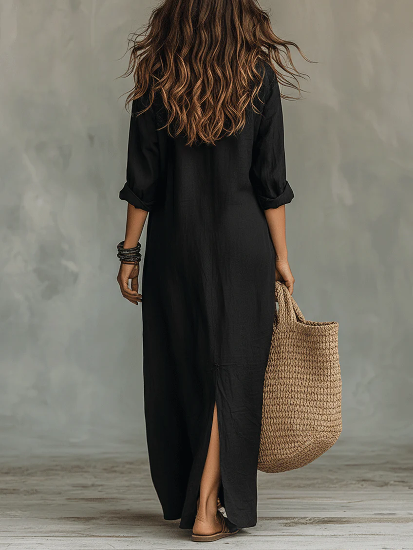 Trendé™ | Soline™ | Locker sitzendes schwarzes Maxikleid mit Knöpfen