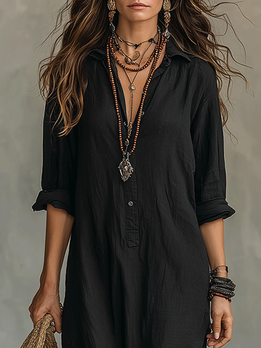 Trendé™ | Soline™ | Locker sitzendes schwarzes Maxikleid mit Knöpfen