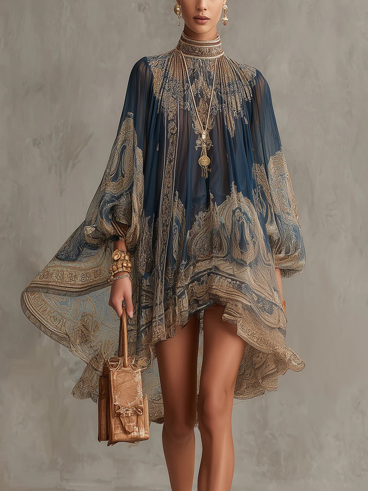 Marineblaues barock bedrucktes hochgeschlossenes unregelmäßiges Chiffon-Minikleid