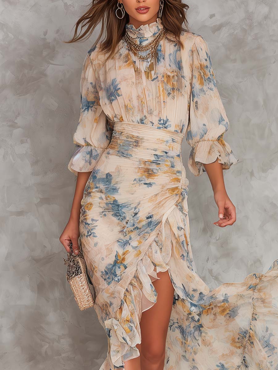 Beiges Maxikleid aus Chiffon mit Rollkragen, Ölgemälde-Blumenmuster und unregelmäßigem Schnitt