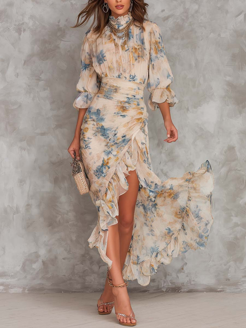 Beiges Maxikleid aus Chiffon mit Rollkragen, Ölgemälde-Blumenmuster und unregelmäßigem Schnitt
