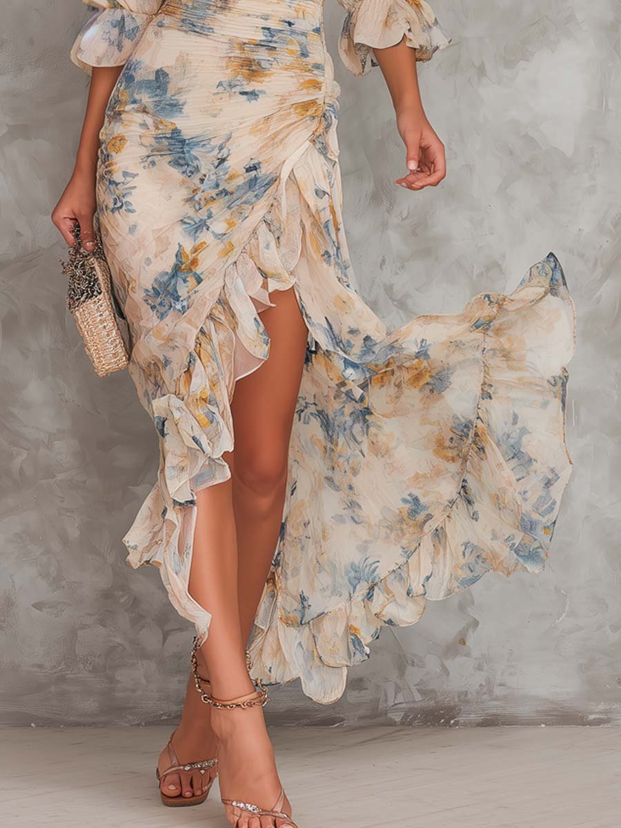 Beiges Maxikleid aus Chiffon mit Rollkragen, Ölgemälde-Blumenmuster und unregelmäßigem Schnitt