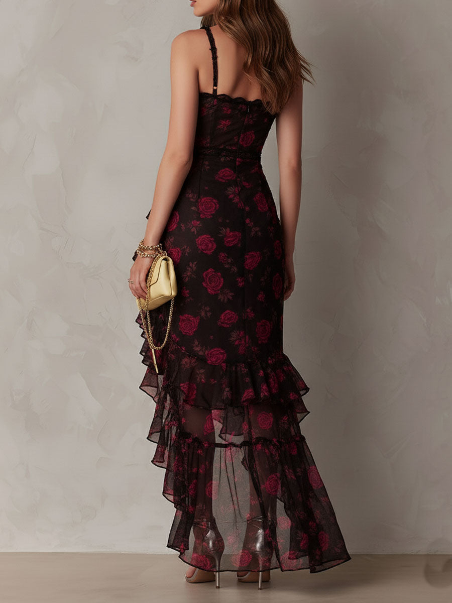 Trendé™ | Rosalie Schwarz-rotes Kleid mit Blumenmuster und Rüschen