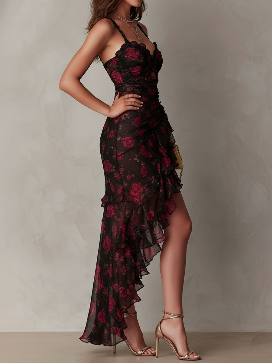 Trendé™ | Rosalie Schwarz-rotes Kleid mit Blumenmuster und Rüschen