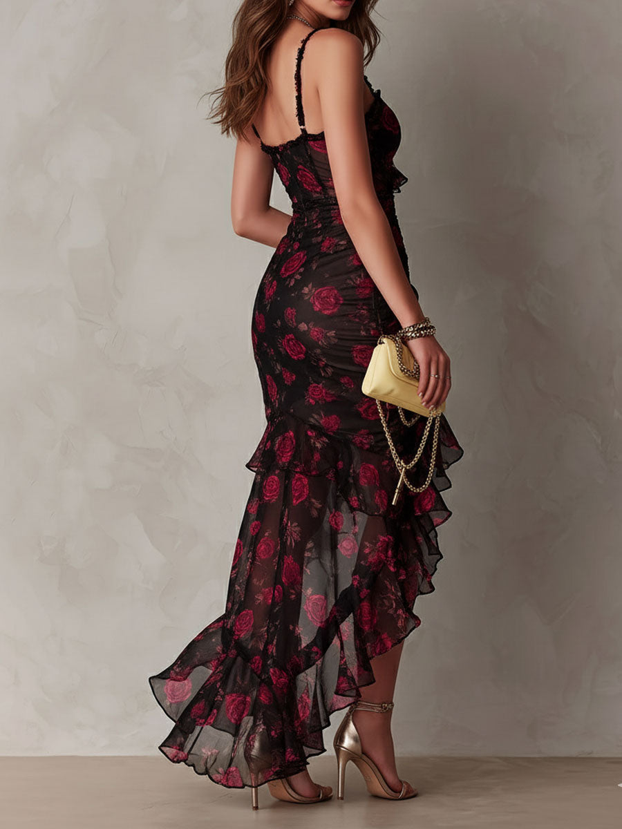 Trendé™ | Rosalie Schwarz-rotes Kleid mit Blumenmuster und Rüschen