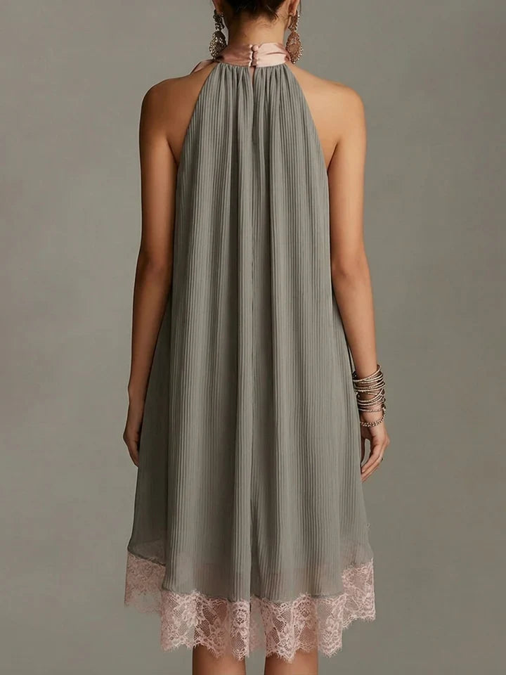 Beatrice | Graues Satin-Minikleid mit rosa Schleife und Spitze