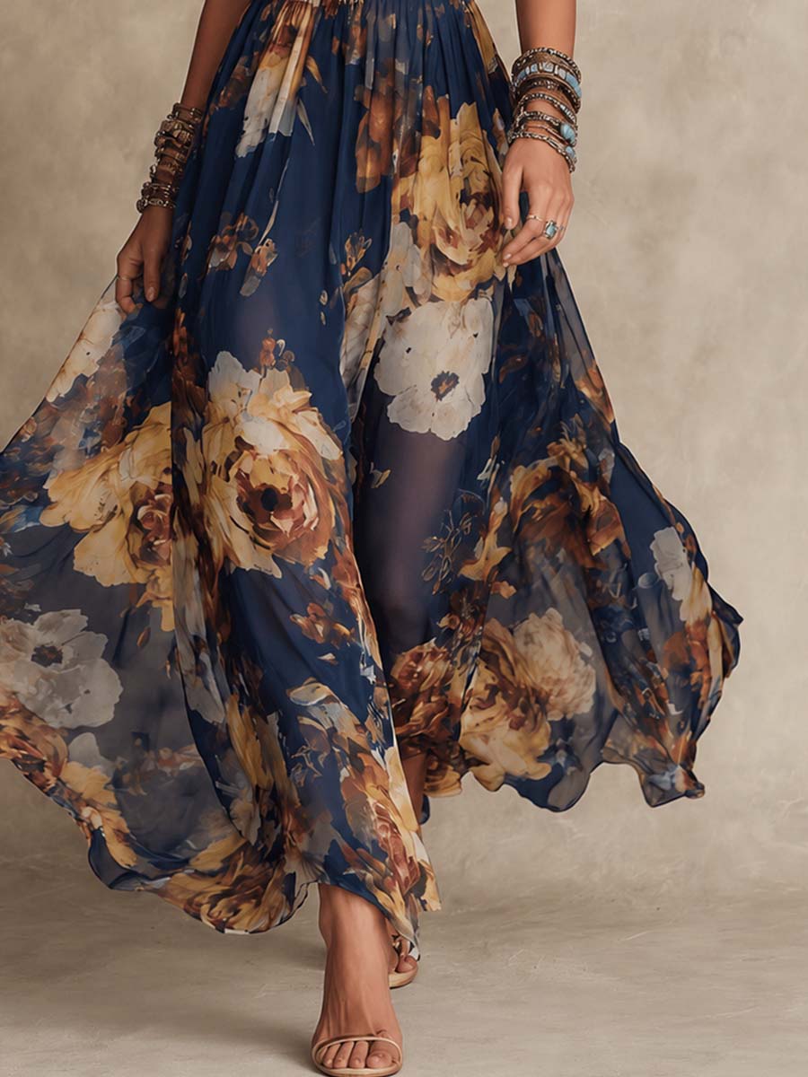 Marineblaues Maxikleid aus Chiffon mit floralem Print und Spaghettiträgern