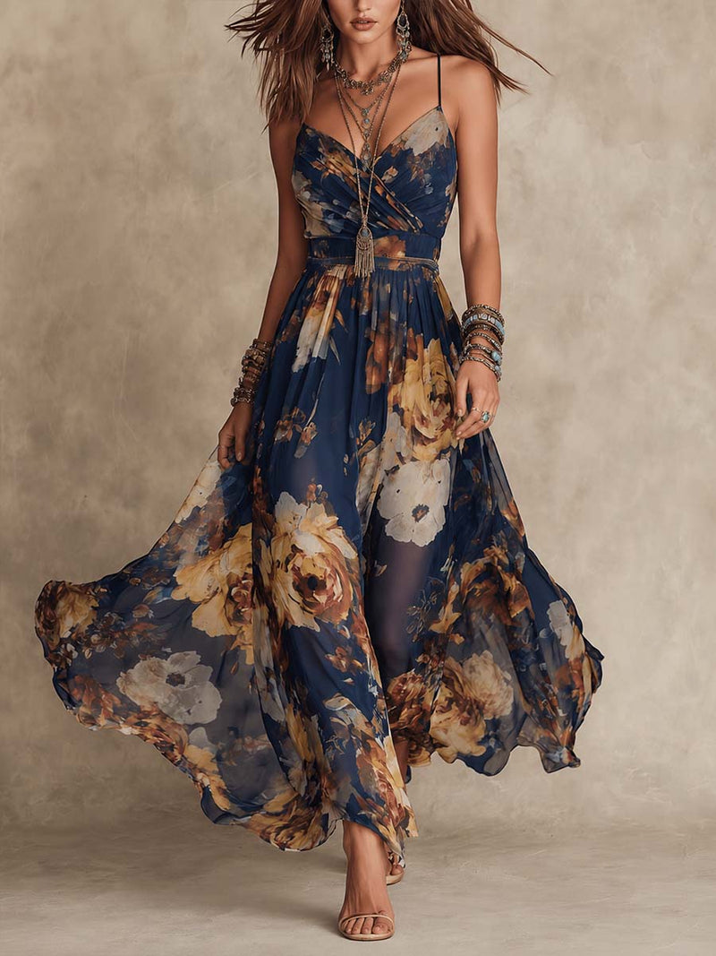 Marineblaues Maxikleid aus Chiffon mit floralem Print und Spaghettiträgern