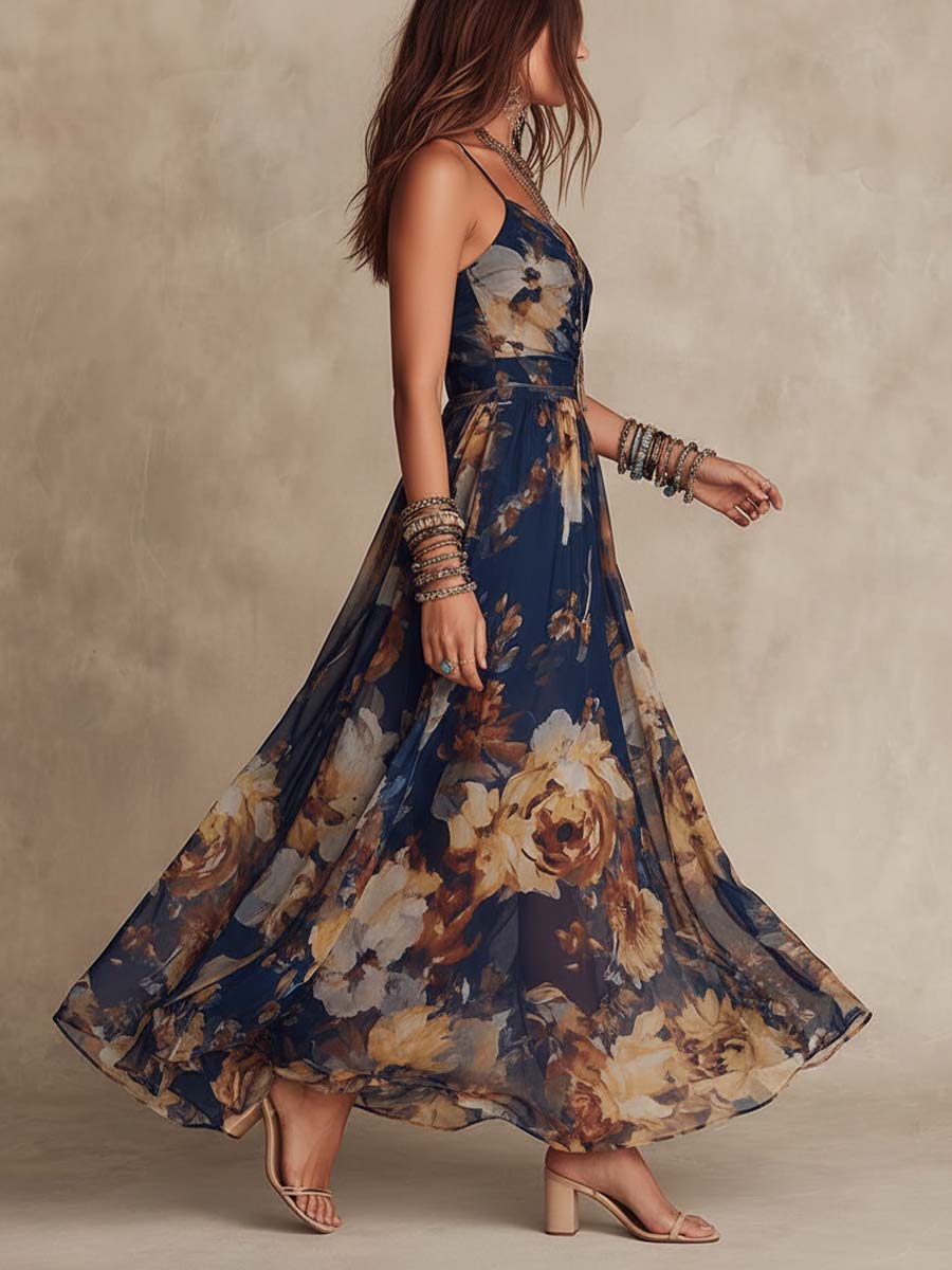 Marineblaues Maxikleid aus Chiffon mit floralem Print und Spaghettiträgern