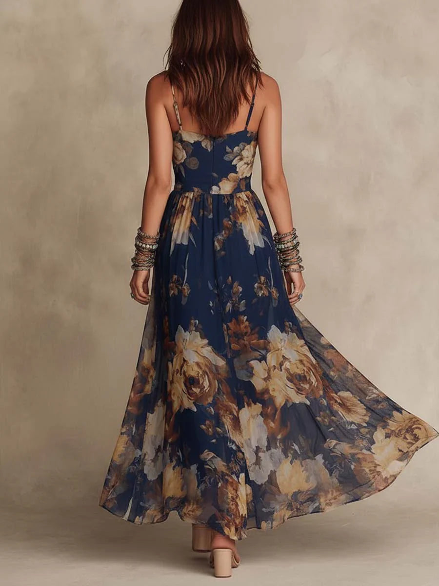 Marineblaues Maxikleid aus Chiffon mit floralem Print und Spaghettiträgern