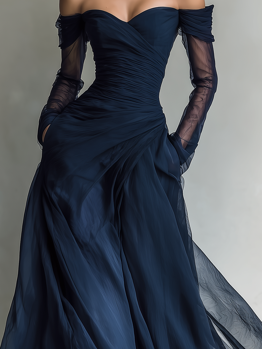 Trendé™ | Sabrina Chiffon-Organza-Maxikleid mit Off-Shoulder-Schnitt und langen Ärmeln
