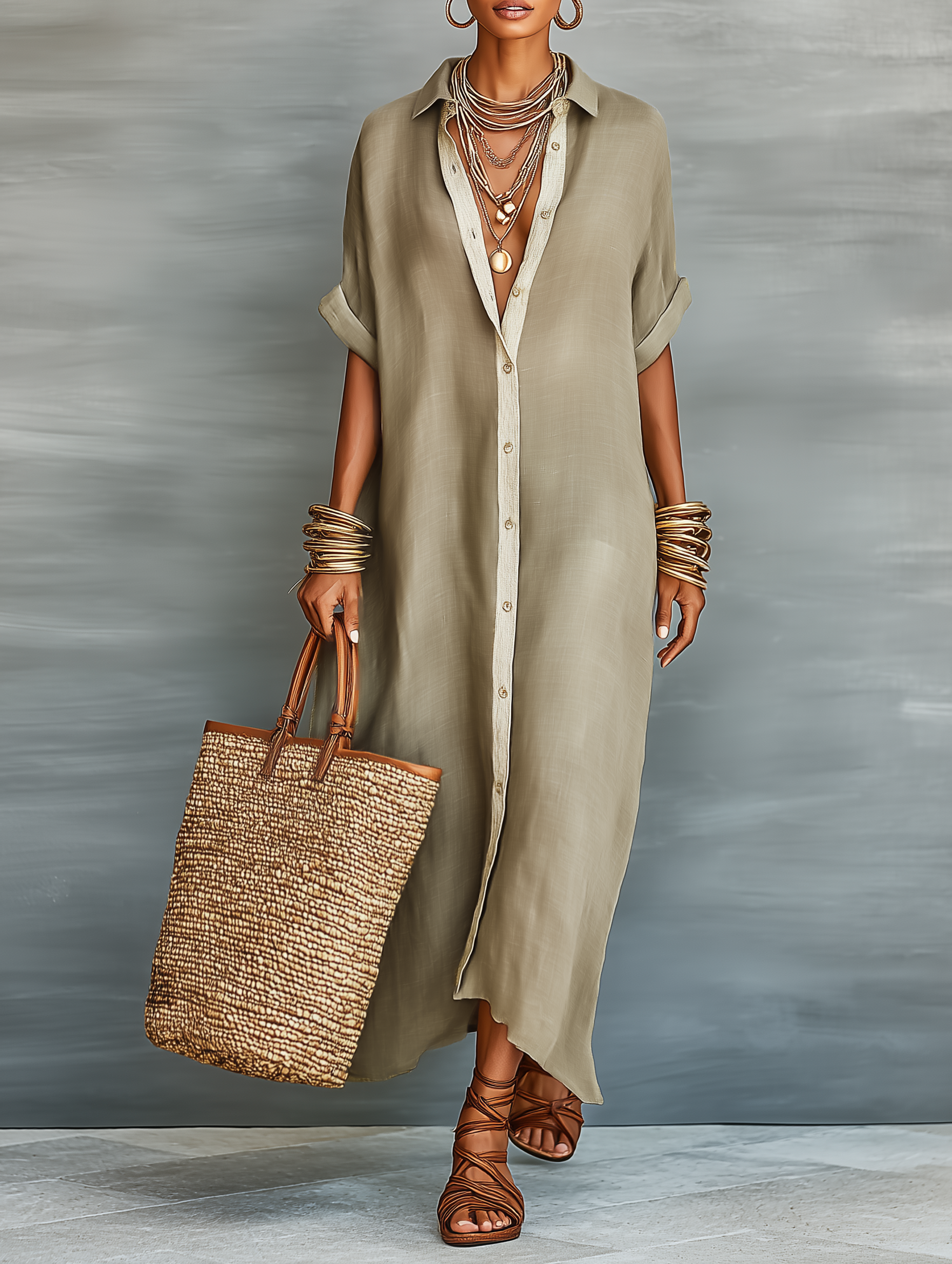 Trendé™ | Aurora Leinenmix-Maxikleid mit kurzen Ärmeln und minimalistischem Stil
