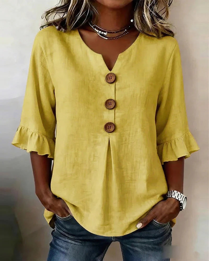 Sophia | Uni-Bluse mit Holzknöpfen und Rüschendetails