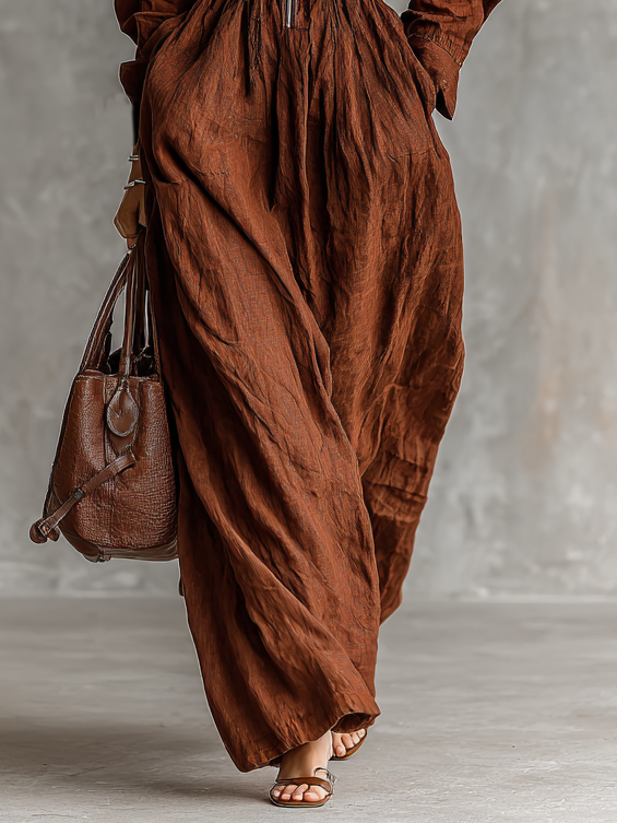 Trendé™ | Elea Baumwoll-Leinen-Maxikleid mit Reissverschluss und elastischer Taille
