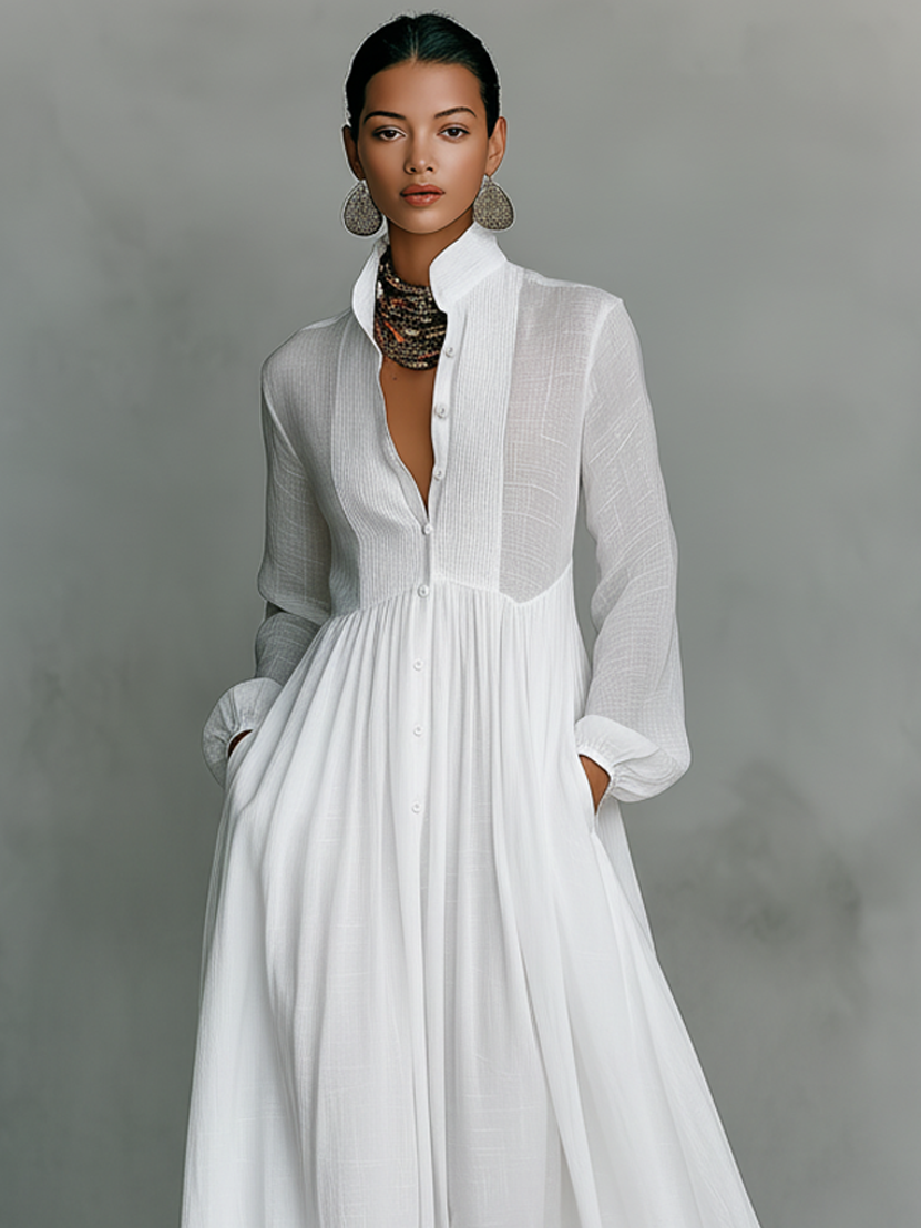 Trendé™ | Ariella Baumwoll-Leinen-Maxikleid mit langen Ärmeln und Knopfleiste