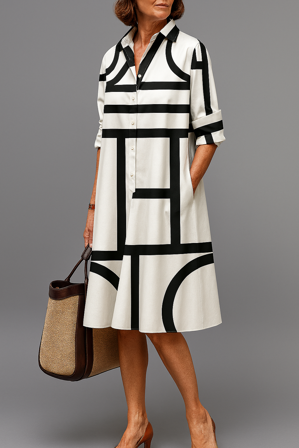 Trendé™ | Ellie Gepflegtes Midi-Kleid in Weiss-Schwarz