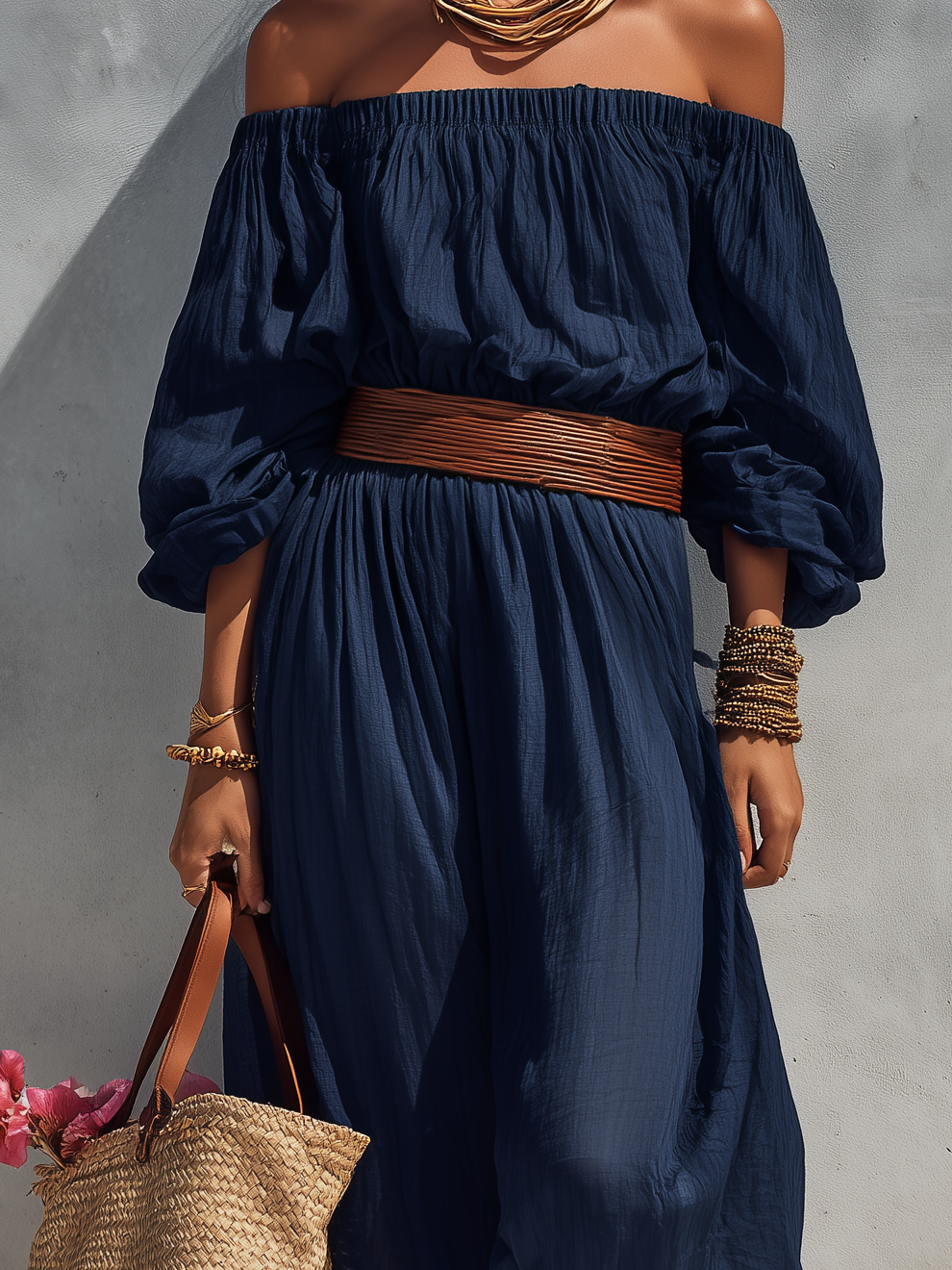 Trendé™ | Viana Baumwoll-Leinen-Kleid mit schulterfreiem Schnitt und langen Ärmeln