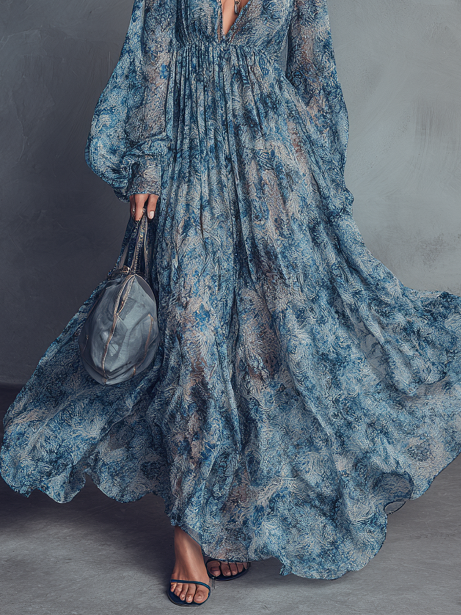 Trendé™ | Viola Chiffon-Maxikleid mit V-Ausschnitt und Laternenärmeln