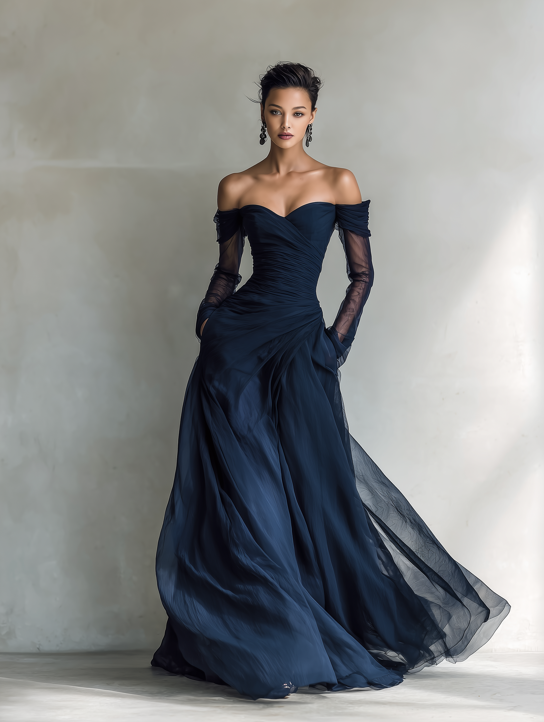 Trendé™ | Sabrina Chiffon-Organza-Maxikleid mit Off-Shoulder-Schnitt und langen Ärmeln