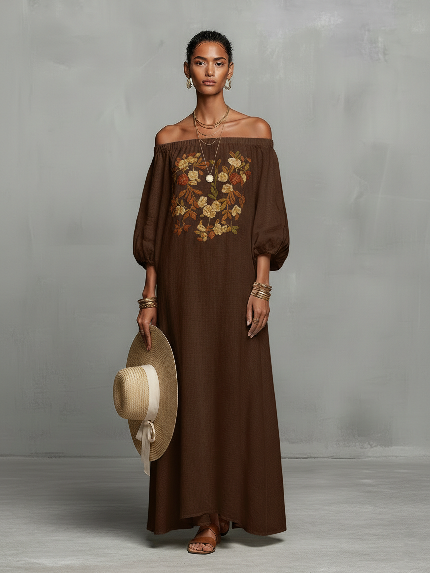 Trendé™ | Selina Maxikleid mit Off-Shoulder-Schnitt und Stickerei