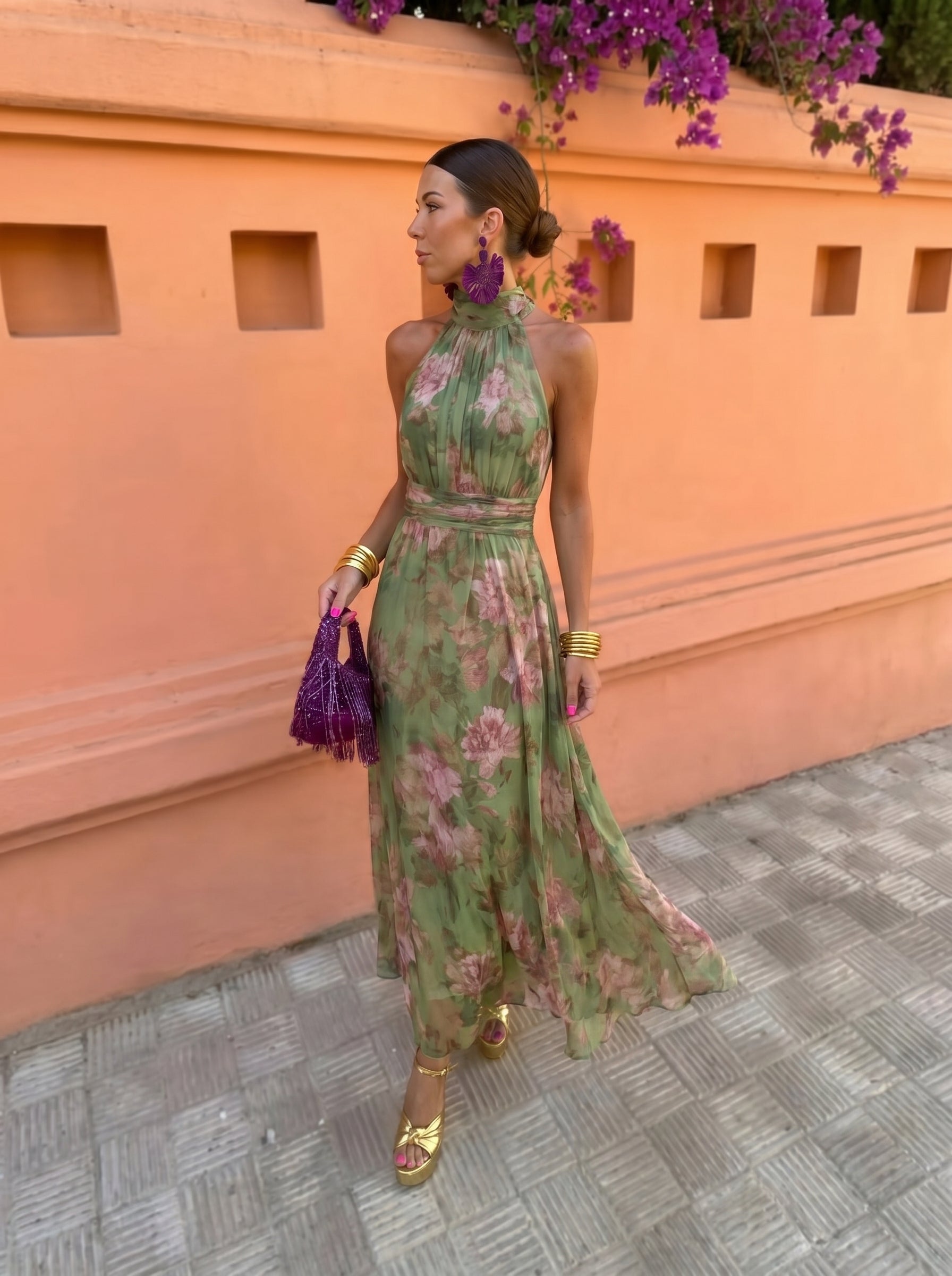 Trendé™ | Florencja Langes Blumenkleid mit tiefem V-Ausschnitt