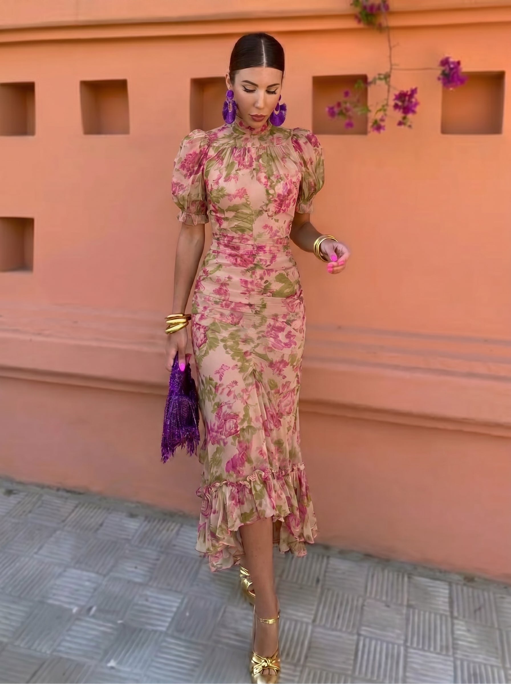 Trendé™ | Mae Langes Vintage-Kleid mit Rosenprint
