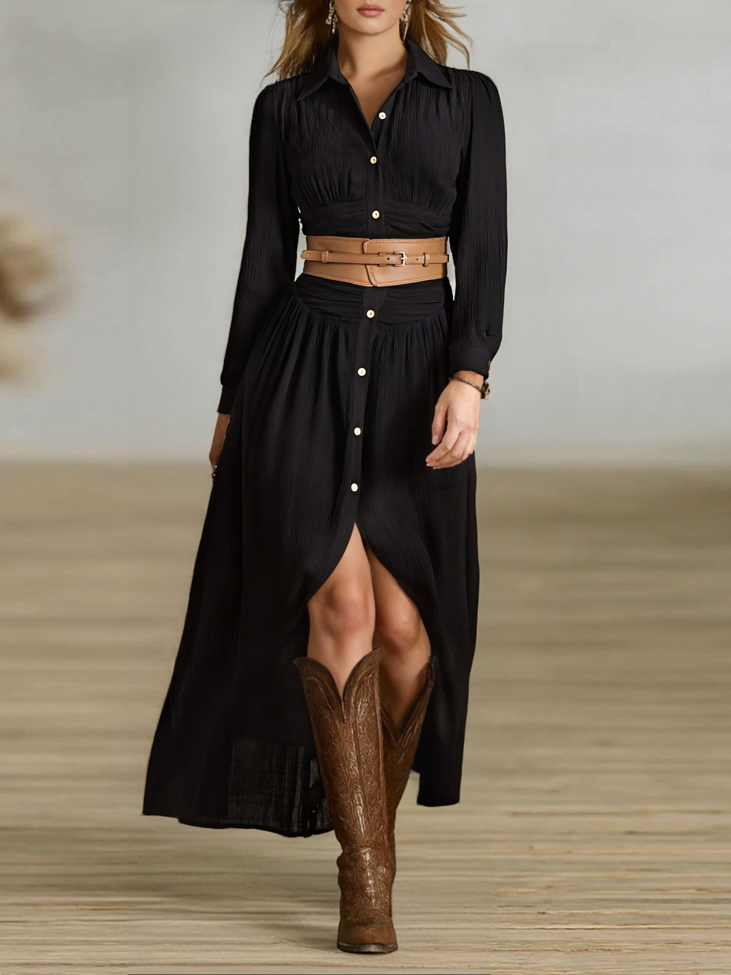 Trendé™ | Josefine Baumwoll-Leinen-Maxikleid mit langen Ärmeln und Plisseefalten