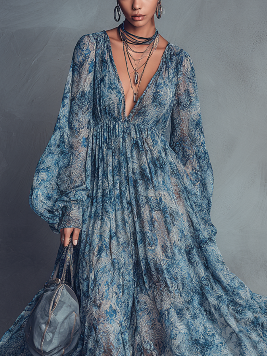 Trendé™ | Viola Chiffon-Maxikleid mit V-Ausschnitt und Laternenärmeln