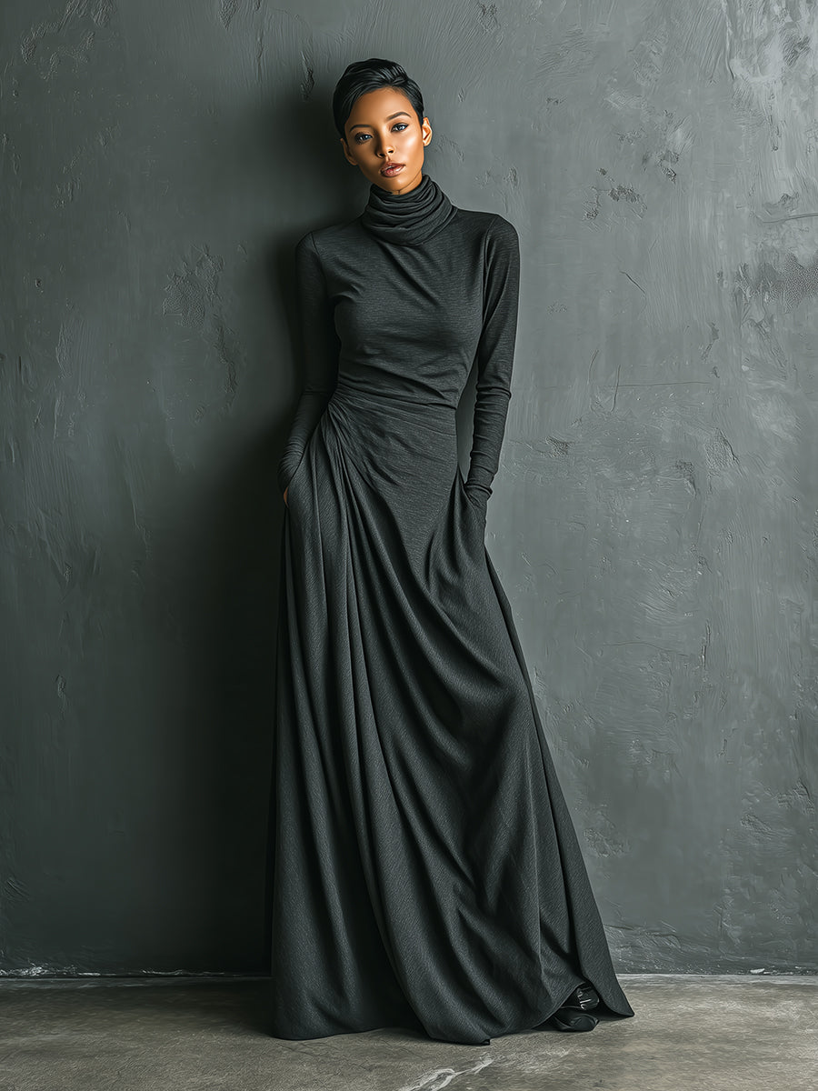Trendé™ | Pia Baumwollmix-Maxikleid mit Rollkragen und Drapierung