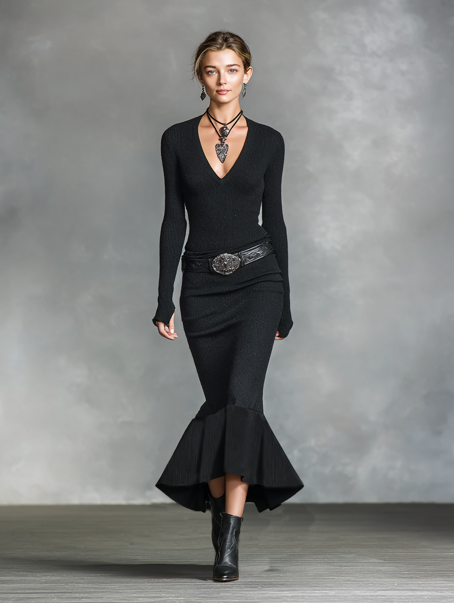 Trendé™ | Carlotta Strick-Maxikleid mit V-Ausschnitt und langen Ärmeln
