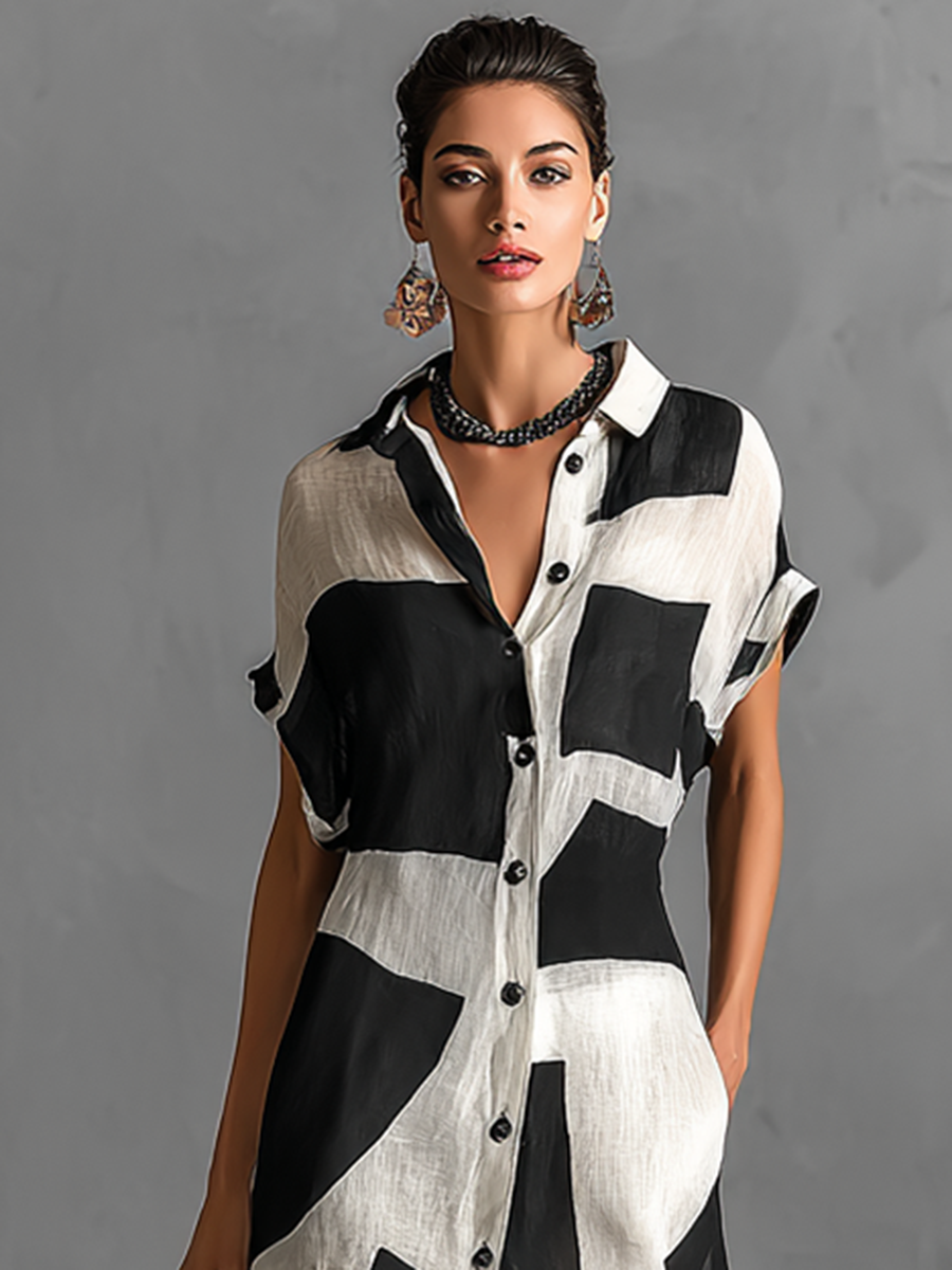 Trendé™ | Fiona Baumwoll-Leinen-Hemdkleid mit kurzen Ärmeln und Print