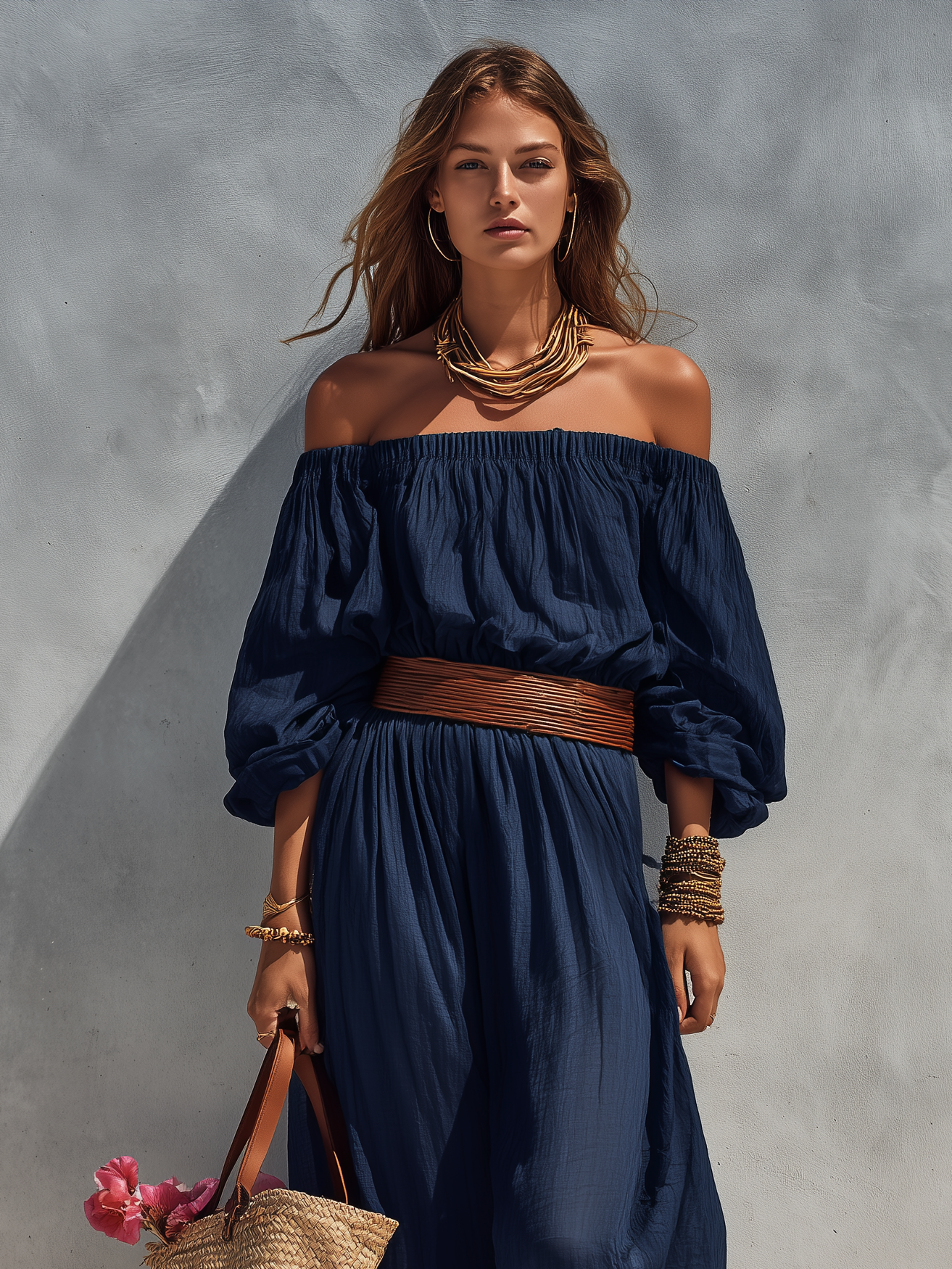 Trendé™ | Viana Baumwoll-Leinen-Kleid mit schulterfreiem Schnitt und langen Ärmeln