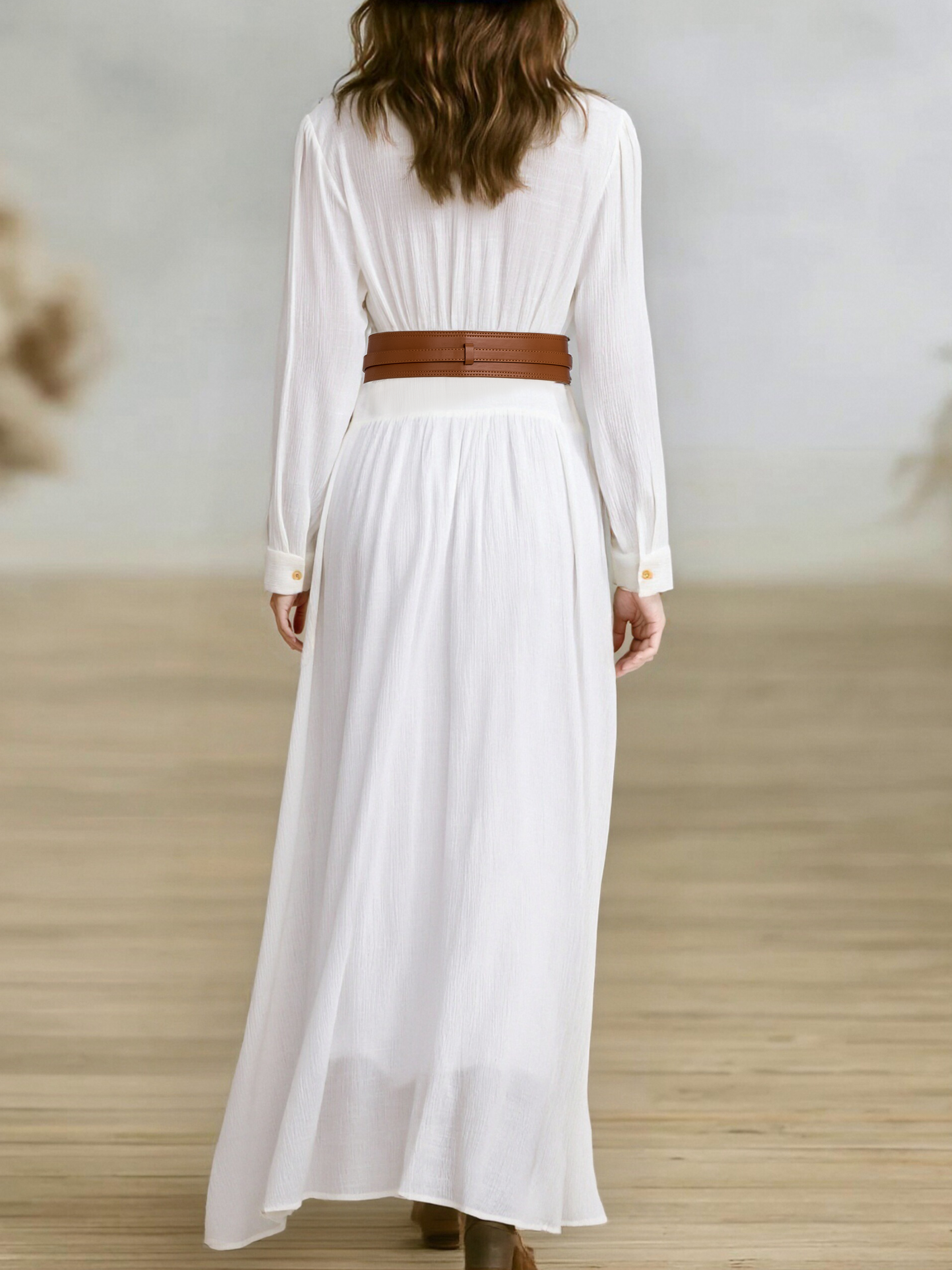 Trendé™ | Josefine Baumwoll-Leinen-Maxikleid mit langen Ärmeln und Plisseefalten