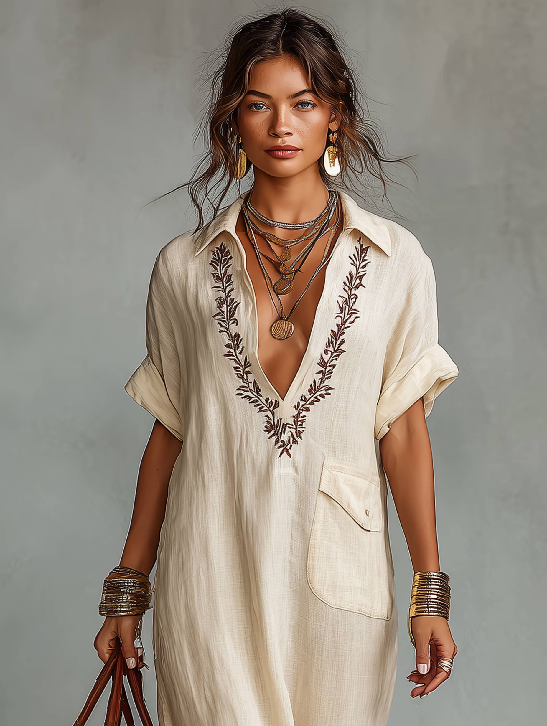 Trendé™ | Maya Leinenmix-Maxikleid mit kurzen Ärmeln und Stickerei