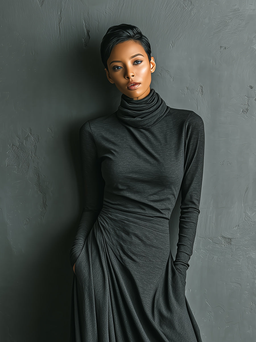 Trendé™ | Pia Baumwollmix-Maxikleid mit Rollkragen und Drapierung