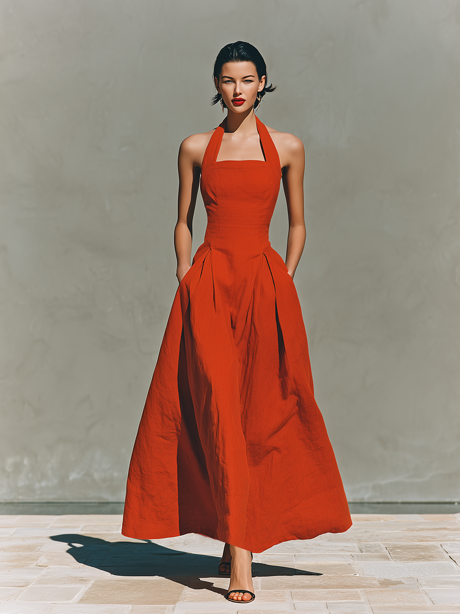 Trendé™ | Bellina Leinenmix-Maxikleid mit Neckholder-Ausschnitt und Plisseefalten