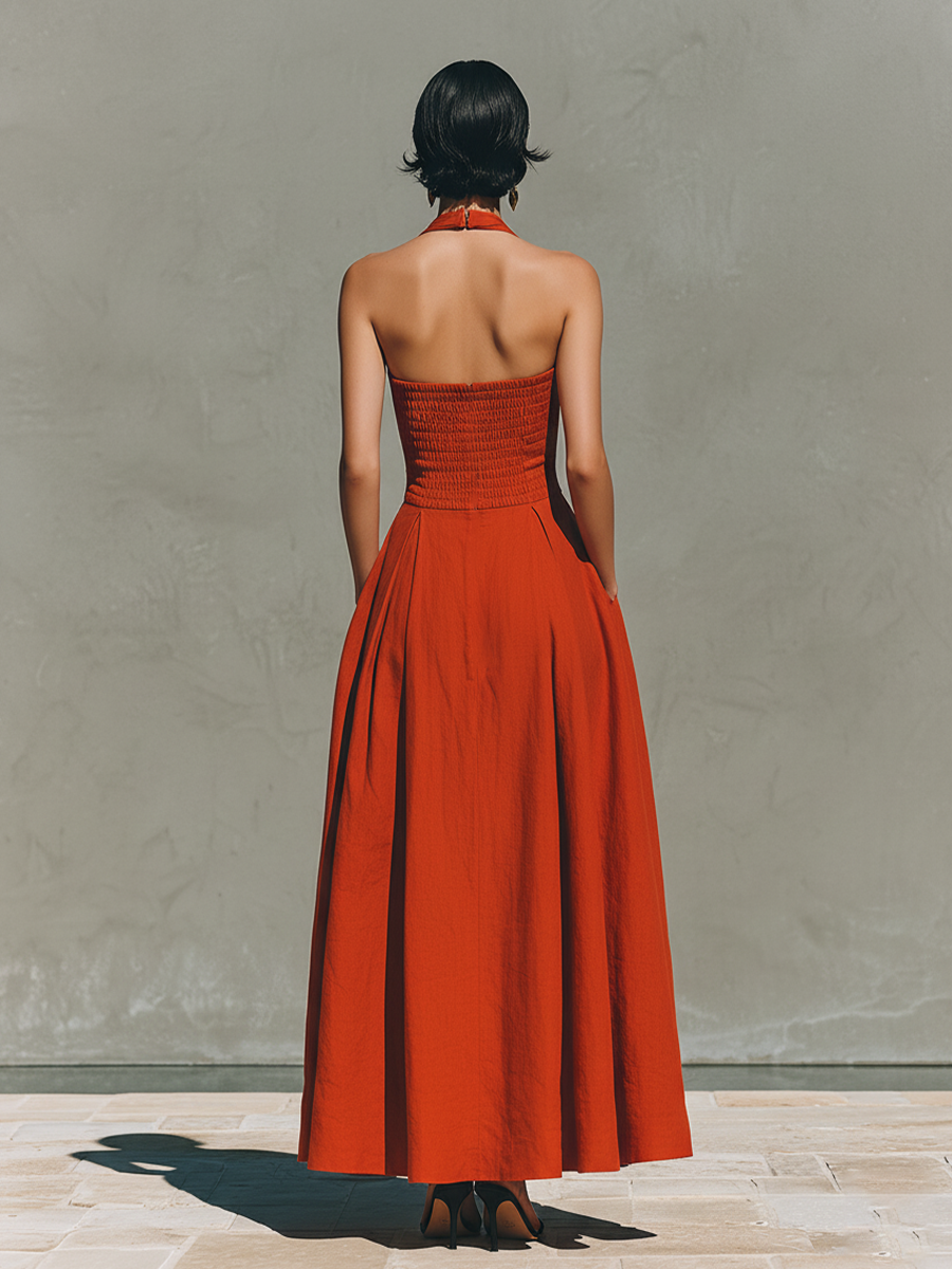 Trendé™ | Bellina Leinenmix-Maxikleid mit Neckholder-Ausschnitt und Plisseefalten