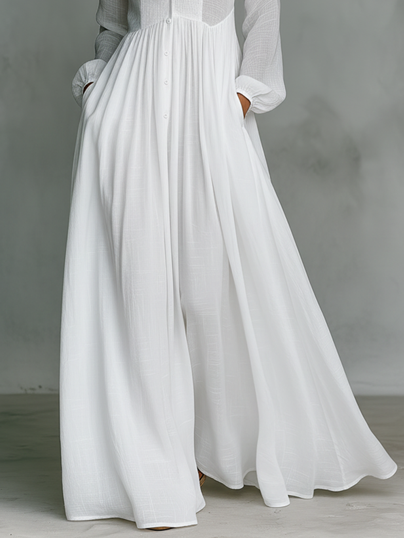 Trendé™ | Ariella Baumwoll-Leinen-Maxikleid mit langen Ärmeln und Knopfleiste