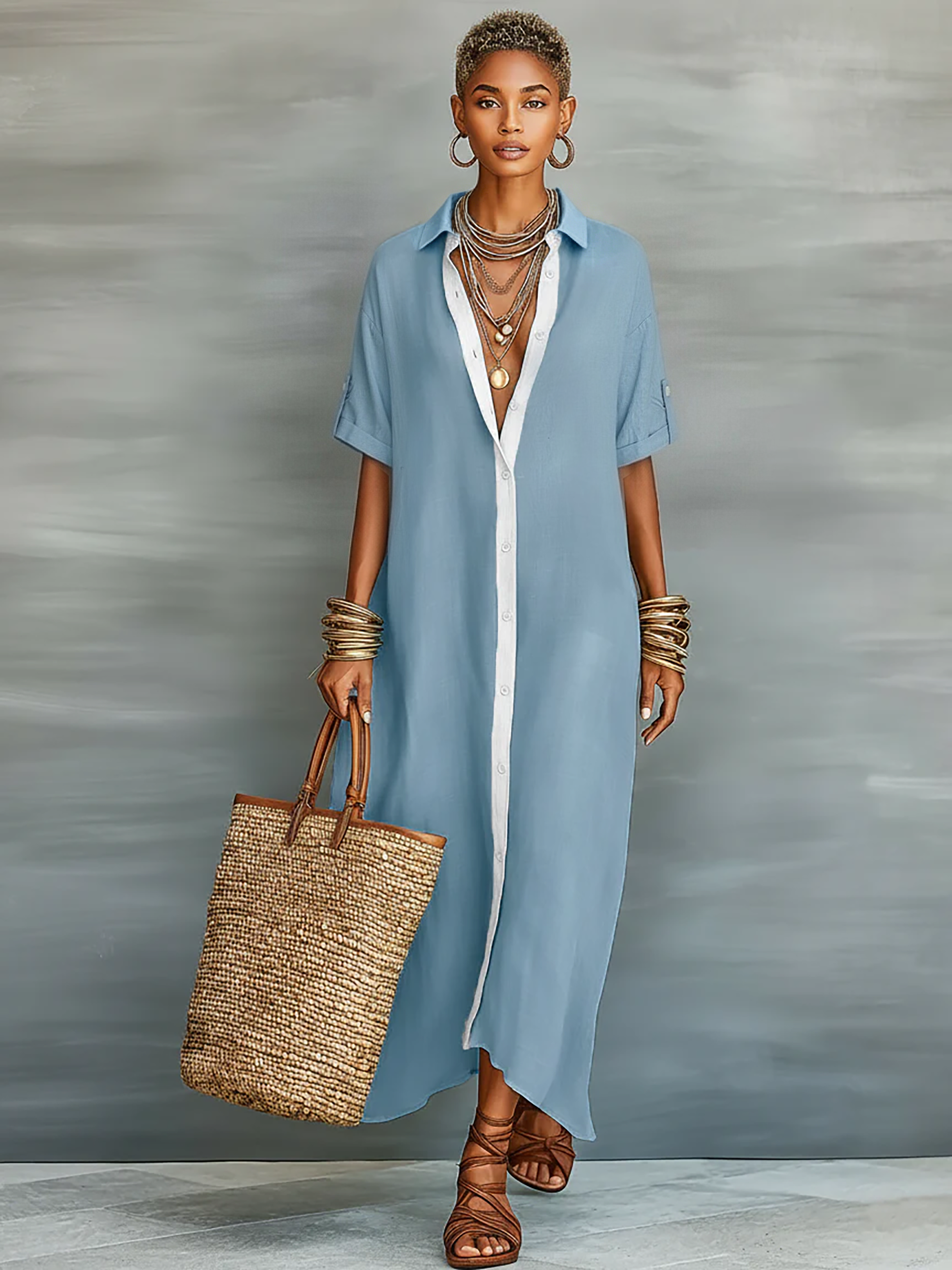 Trendé™ | Aurora Leinenmix-Maxikleid mit kurzen Ärmeln und minimalistischem Stil