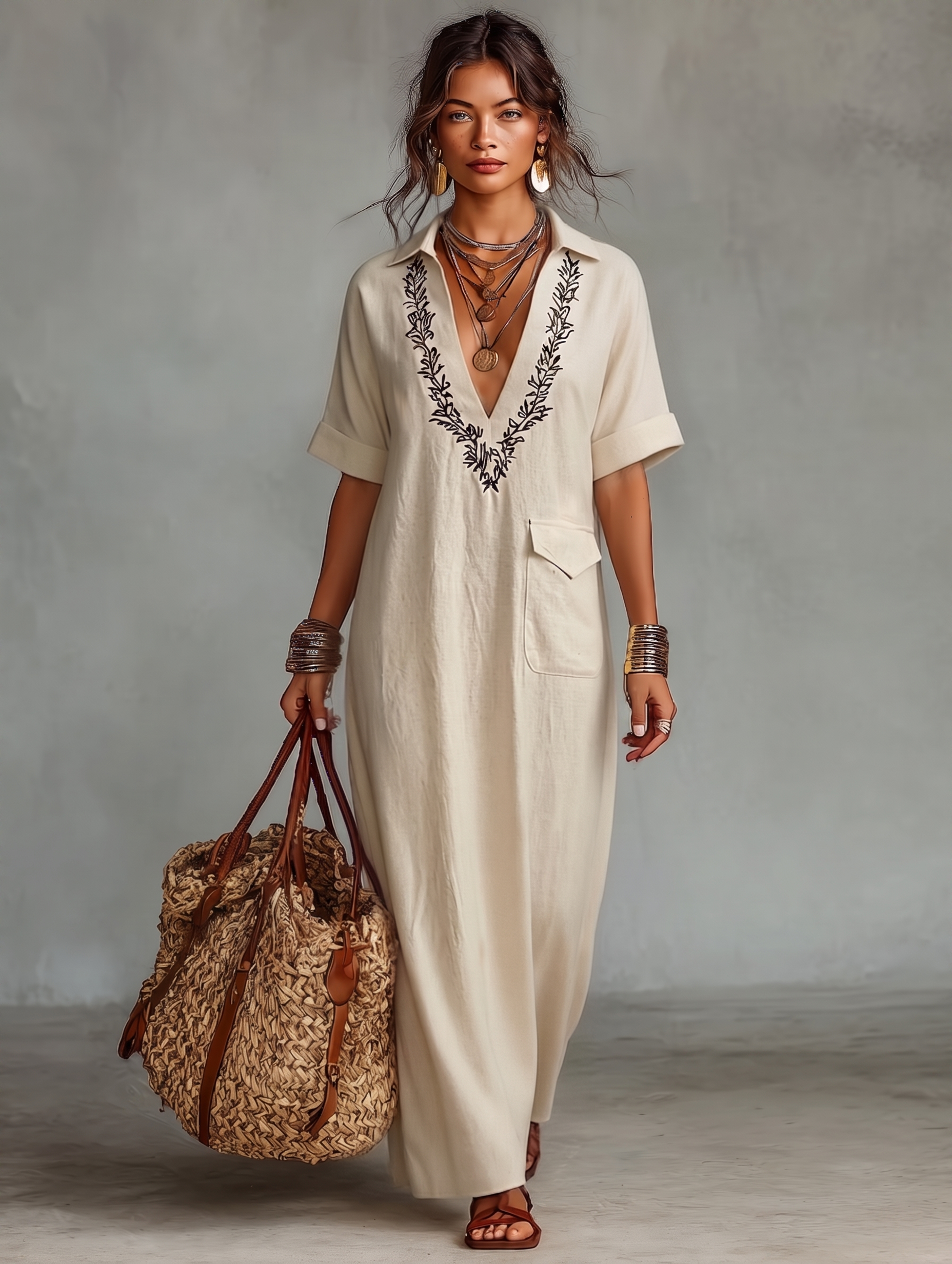 Trendé™ | Maya Leinenmix-Maxikleid mit kurzen Ärmeln und Stickerei