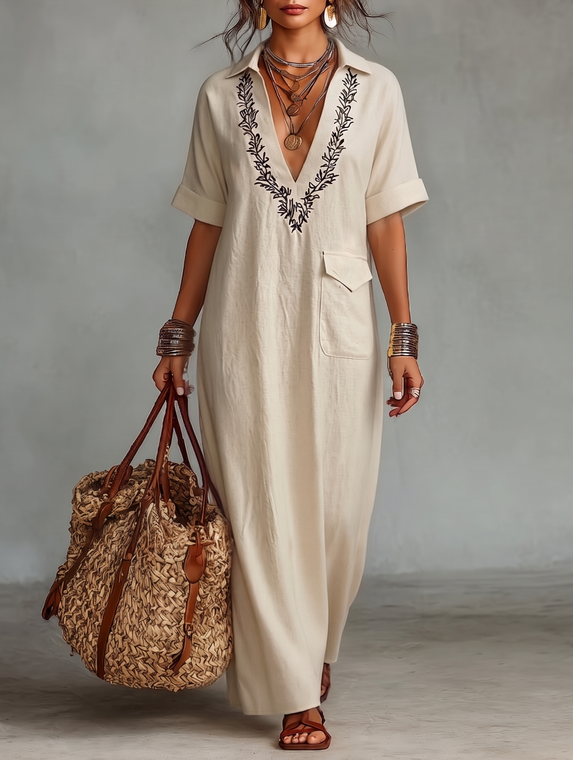 Trendé™ | Maya Leinenmix-Maxikleid mit kurzen Ärmeln und Stickerei