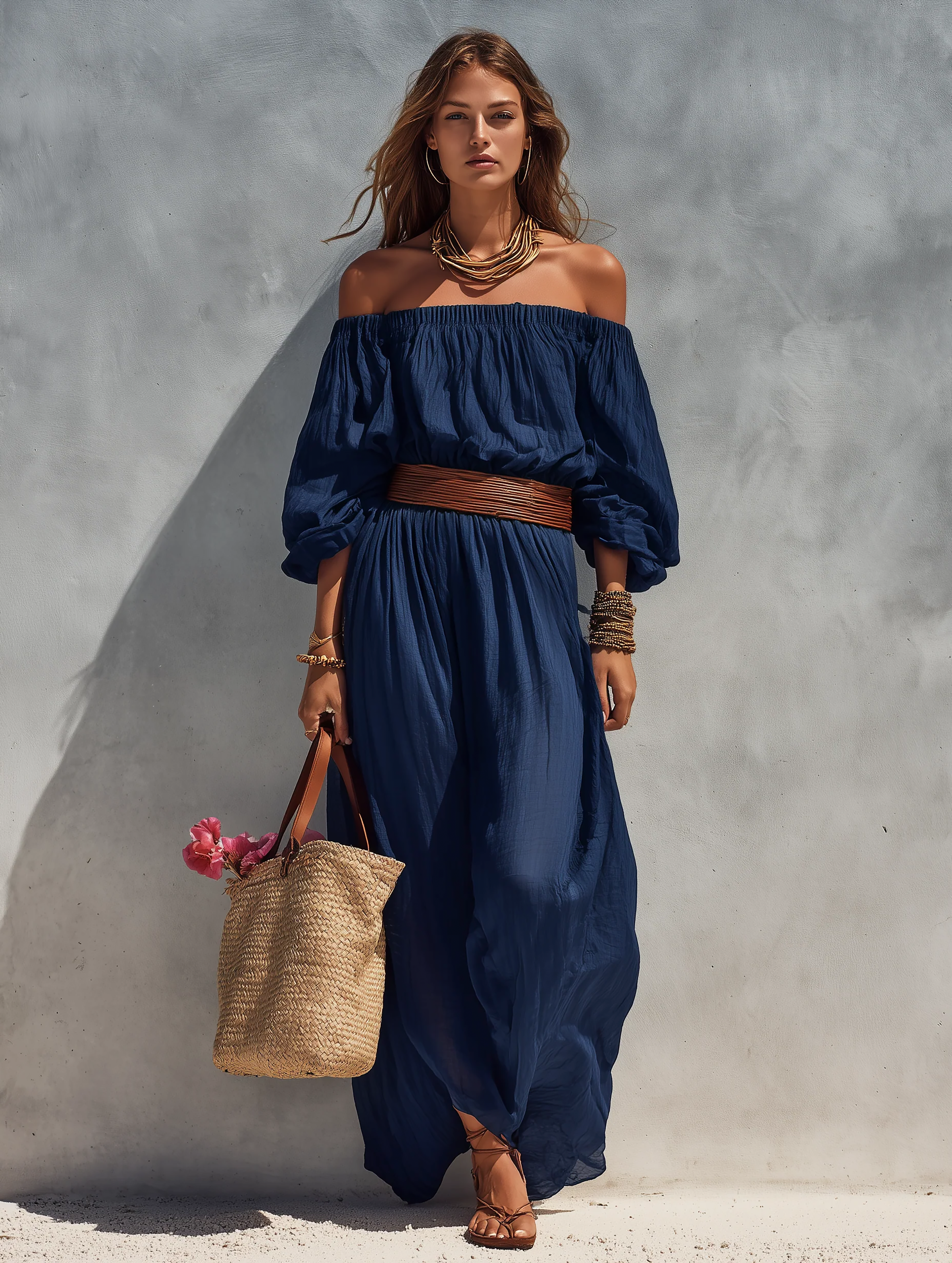 Trendé™ | Viana Baumwoll-Leinen-Kleid mit schulterfreiem Schnitt und langen Ärmeln