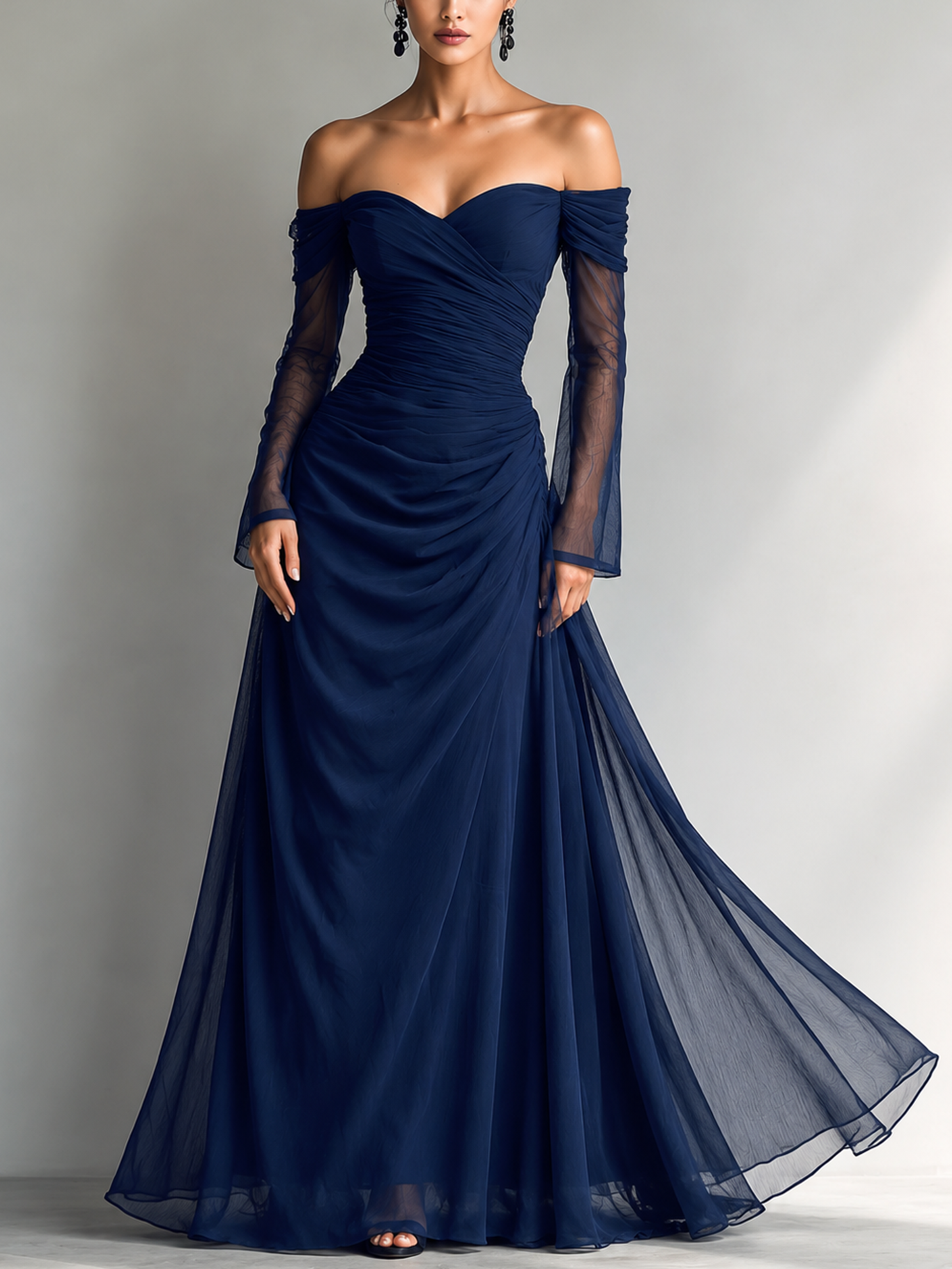 Trendé™ | Sabrina Chiffon-Organza-Maxikleid mit Off-Shoulder-Schnitt und langen Ärmeln