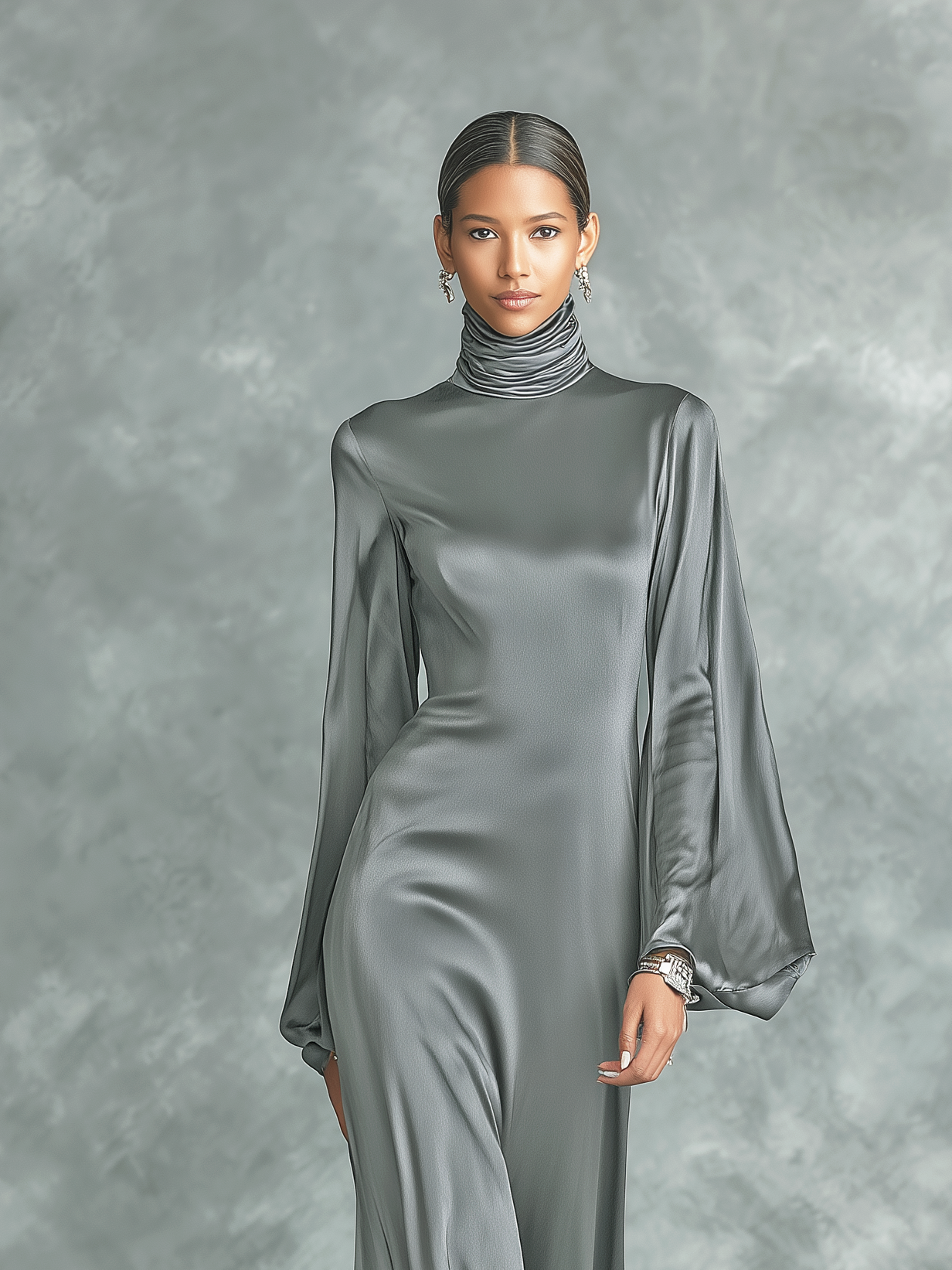 Trendé™ | Agata Satin-Maxikleid mit langen Ärmeln und lockerer Passform
