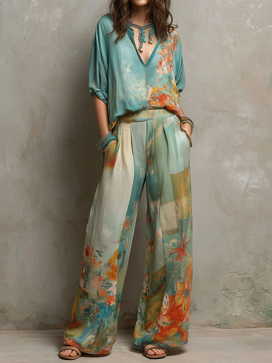Trendé™ | Chiara Elegantes Set mit Blumenprint und weiter Hose