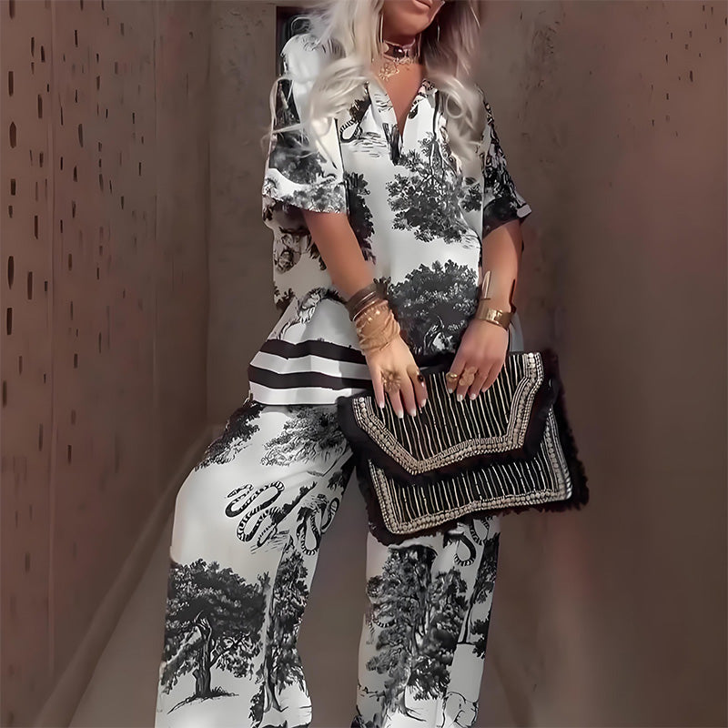 Trendé™ | Freja Zweiteiliges Set mit V-Ausschnitt und Print