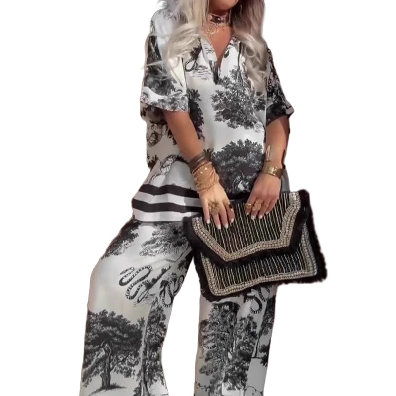 Trendé™ | Freja Zweiteiliges Set mit V-Ausschnitt und Print