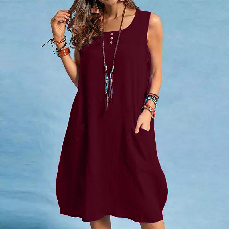 Trendé™ | Mara Ärmelloses Baumwoll-Leinen-Kleid mit Taschen