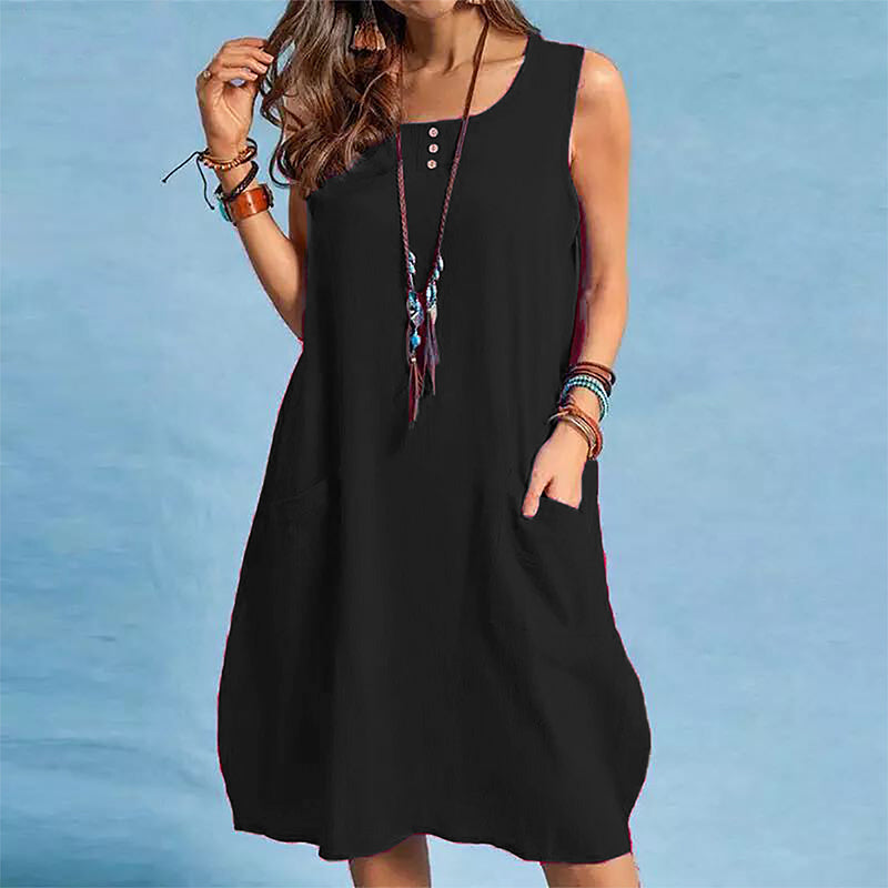 Trendé™ | Mara Ärmelloses Baumwoll-Leinen-Kleid mit Taschen